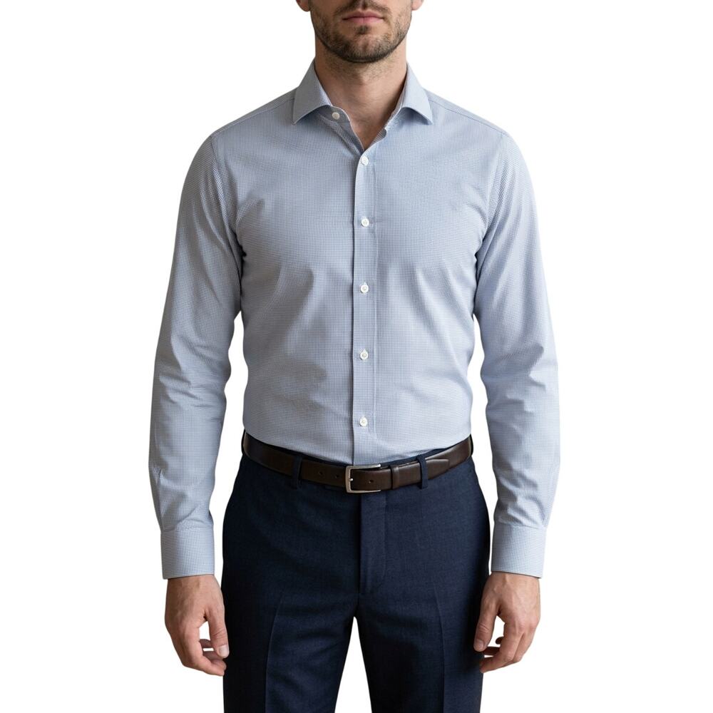 Michael Kors Slim Tall Button Up Dress Shirt Cotton Navy White Men's 17 36/37